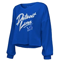 Women's Majestic Threads Amon-Ra St. Brown Blue Detroit Lions Name & Number Off-Shoulder Script Cropped Long Sleeve Relaxed V-Neck T-Shirt