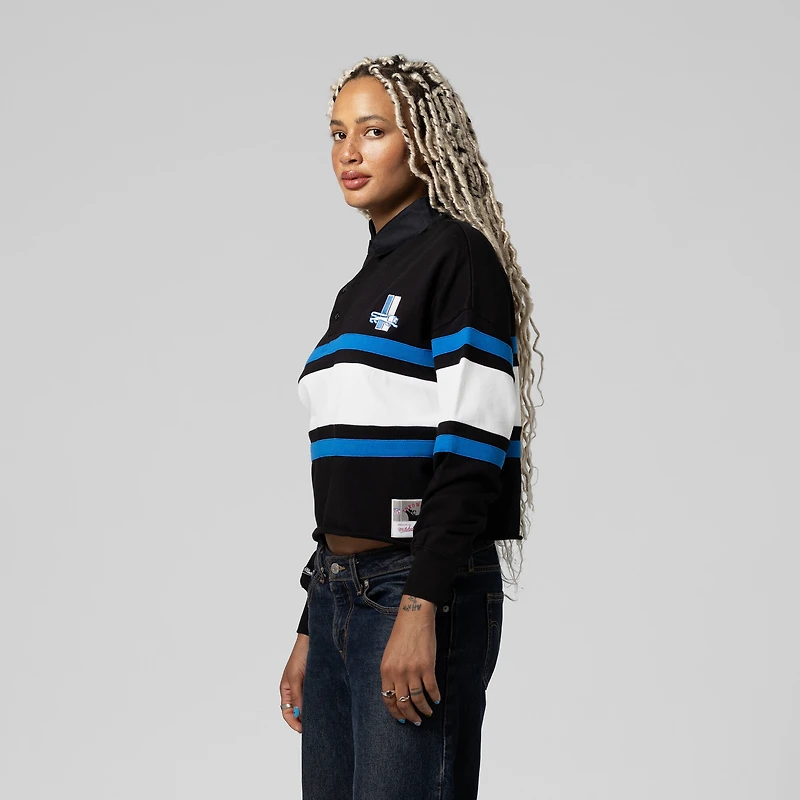 Polo de rugby court à manches longues Mitchell & Ness noir Detroit Lions pour femme