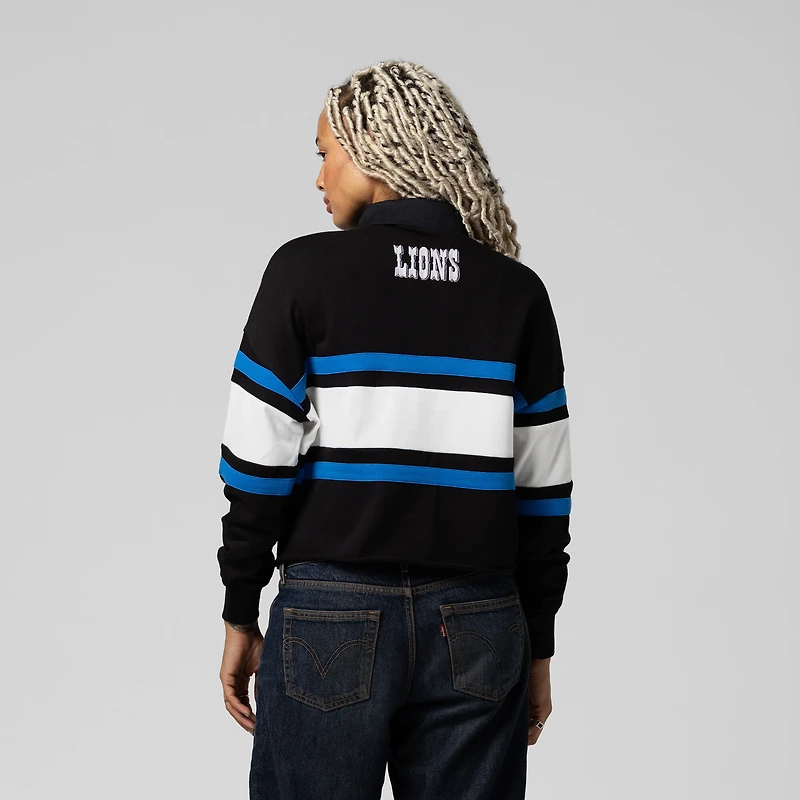 Polo de rugby court à manches longues Mitchell & Ness noir Detroit Lions pour femme
