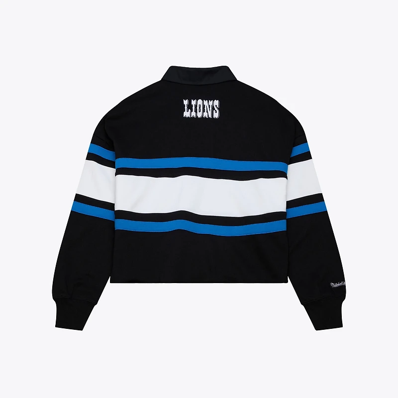 Polo de rugby court à manches longues Mitchell & Ness noir Detroit Lions pour femme