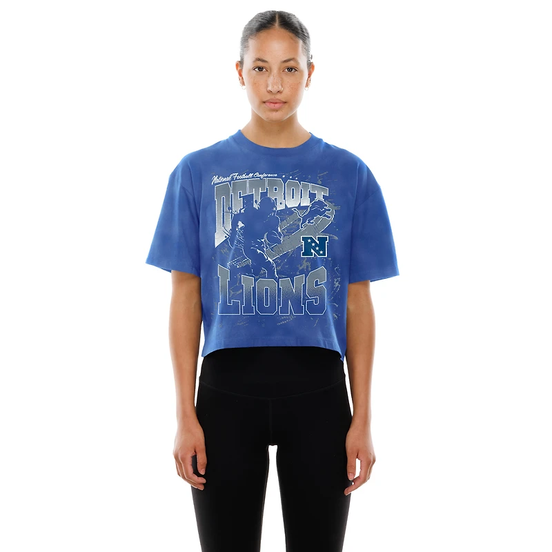 Women's New Era Blue Detroit Lions Cropped Boxy Sport Classics Mineral Wash T-Shirt