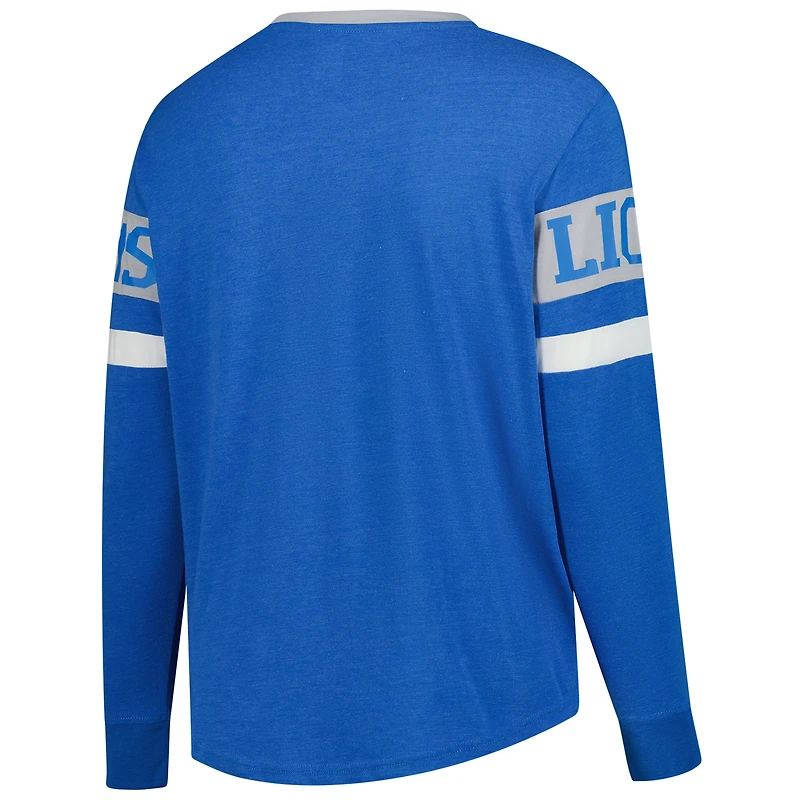 T-shirt à manches longues lacets rétro bleu Detroit Lions pour femme New Era, grande taille