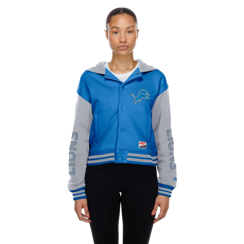 Veste à capuche rétro New Era bleue Detroit Lions pour femme, fermeture boutons-pression.