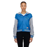 Veste à capuche rétro New Era bleue Detroit Lions pour femme, fermeture boutons-pression.
