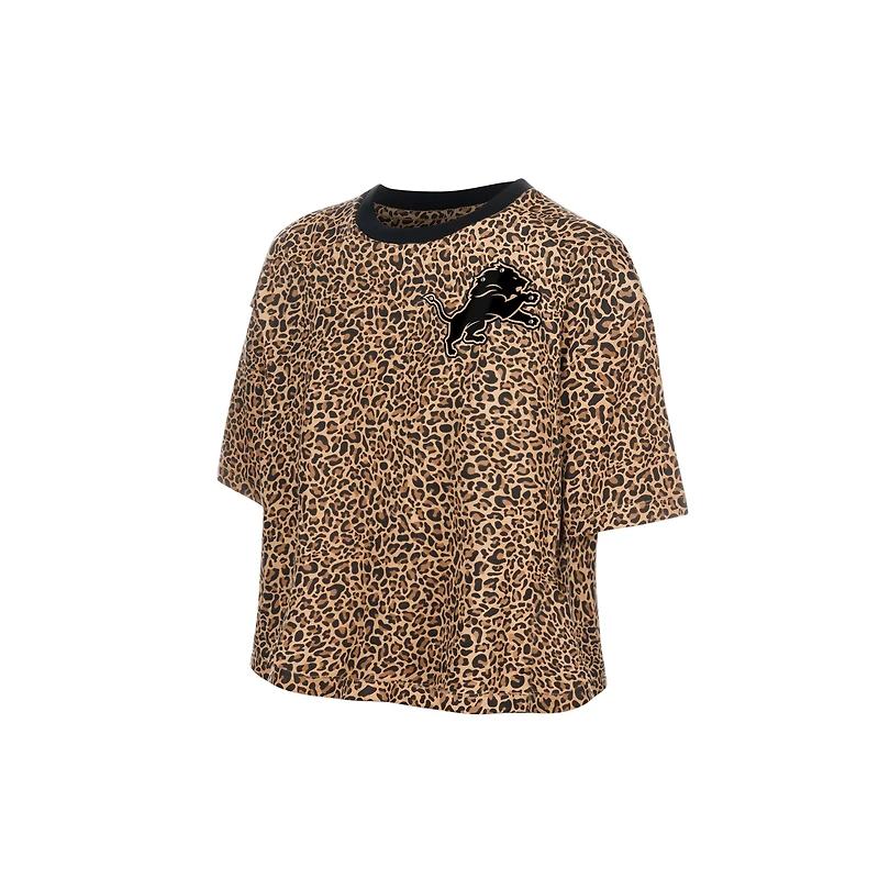Women's New Era  Brown Detroit Lions Mom & Me Leopard Boxy Cropped T-Shirt