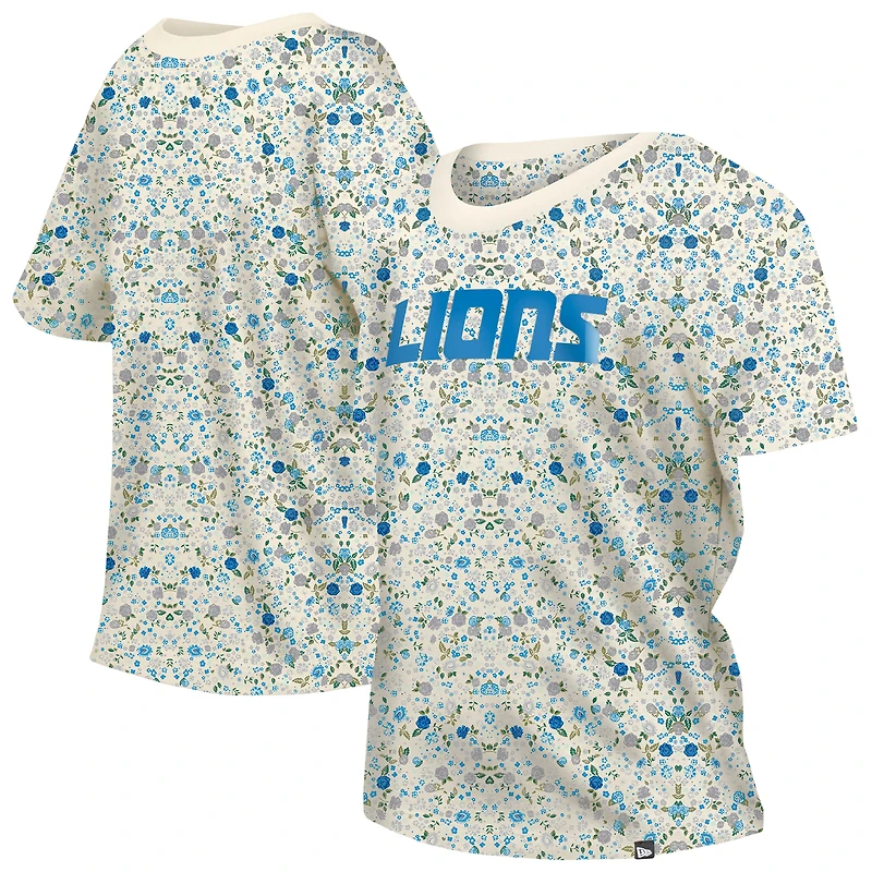 T-shirt à col rond floral New Era crème Detroit Lions Glam Game pour femme