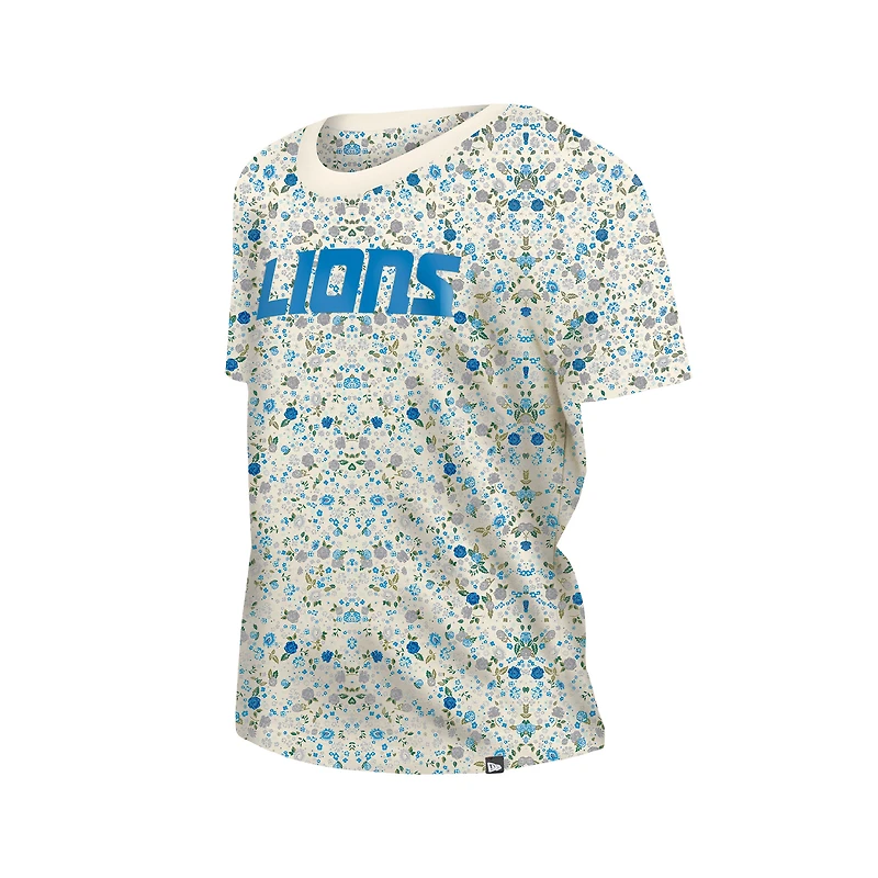 T-shirt à col rond floral New Era crème Detroit Lions Glam Game pour femme