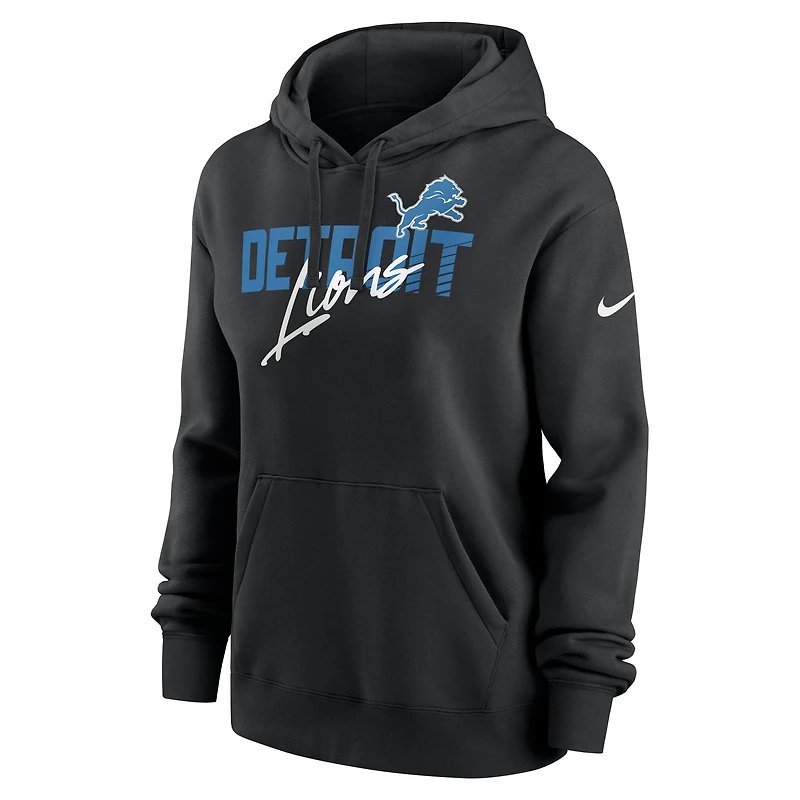 Women's Nike Black Detroit Lions Wordmark Club Fleece Pullover Hoodie