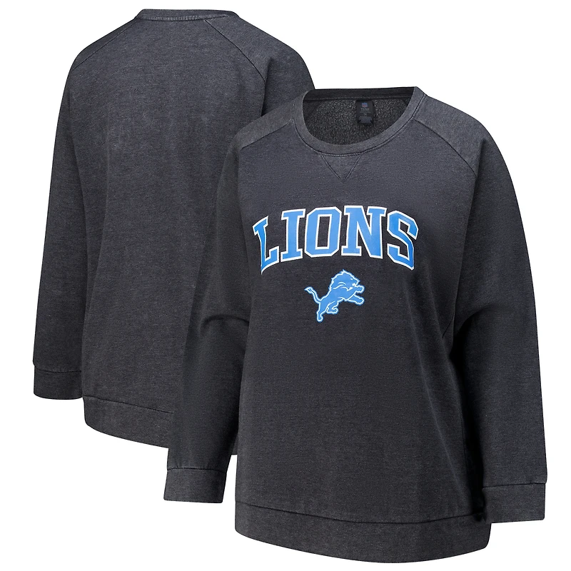 Sweat-shirt raglan délavé à l'acide pour femme, couleur charbon, grande taille, des Lions de Detroit