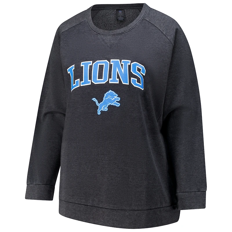 Sweat-shirt raglan délavé à l'acide pour femme, couleur charbon, grande taille, des Lions de Detroit