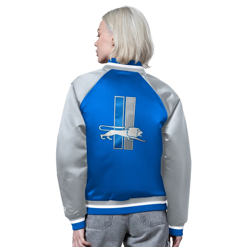 Women's Starter Blue/Silver Detroit Lions Satin Full-Snap Vintage Varsity Jacket