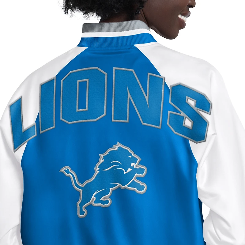 Veste universitaire raglan à boutons-pression Starter bleu/blanc Detroit Lions pour femmes