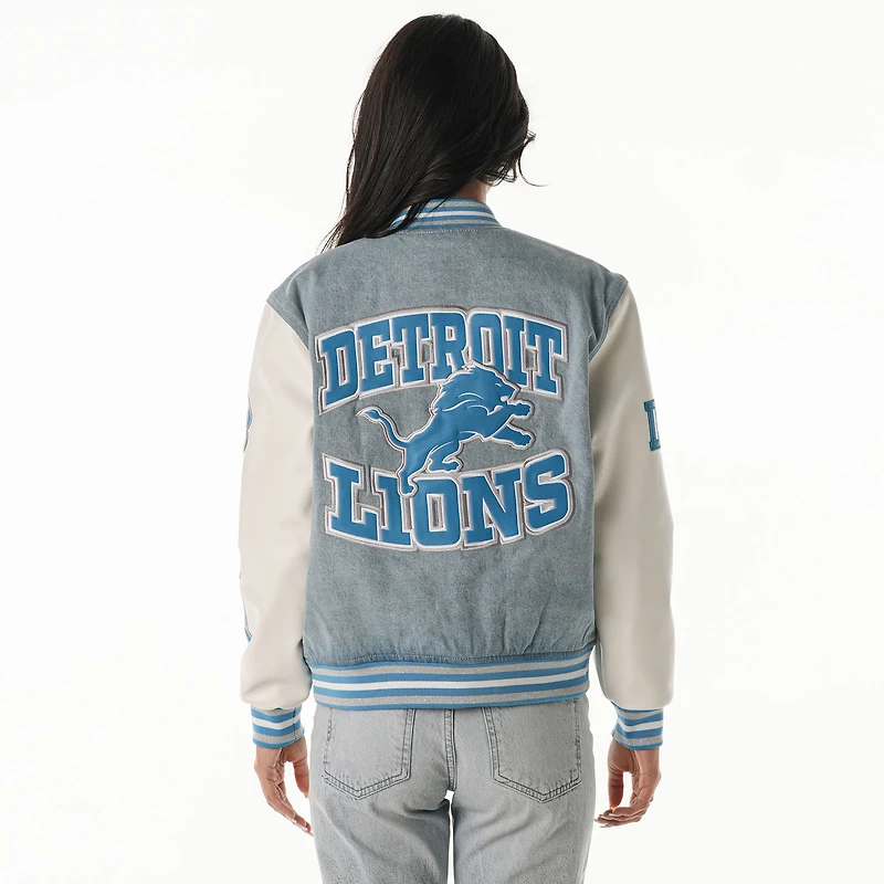 Veste en jean universitaire à boutons-pression pour femme The Wild Collective des Detroit Lions