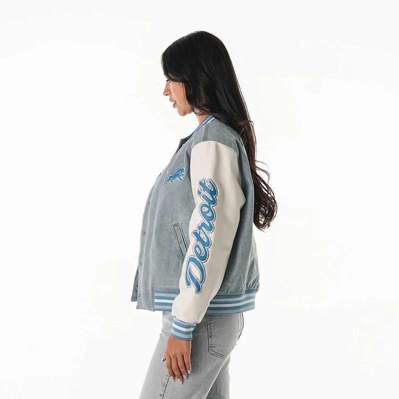 Veste en jean universitaire à boutons-pression pour femme The Wild Collective des Detroit Lions