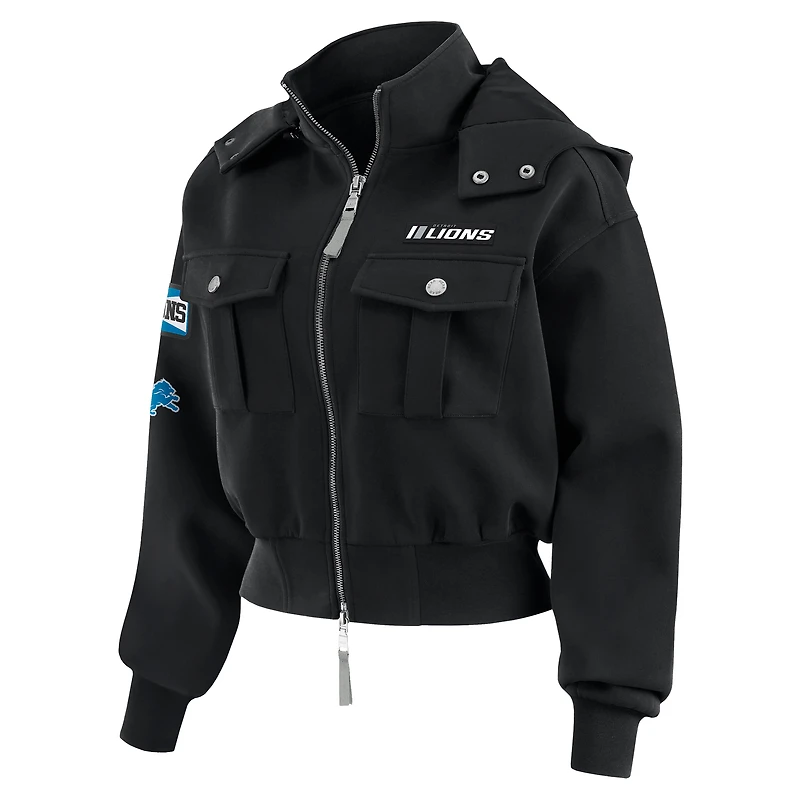 Veste bomber courte zippée noire à poches plaquées pour femme WEAR by Erin Andrews des Lions de Detroit
