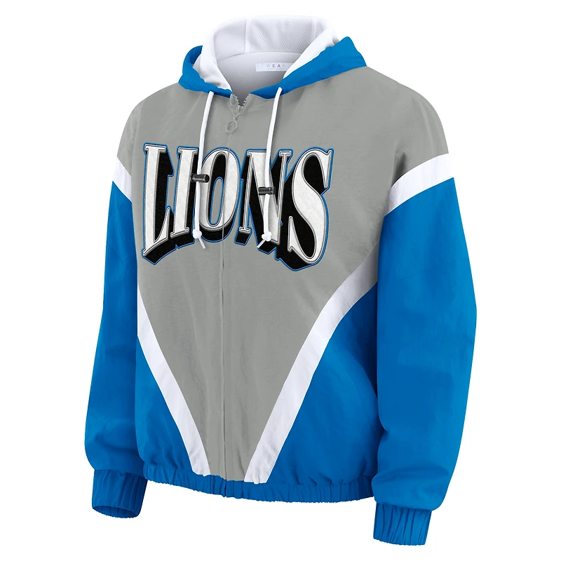 Women's WEAR by Erin Andrews Blue/Gray Detroit Lions Plus Retro Crinkle Full-Zip Hoodie Windbreaker Jacket