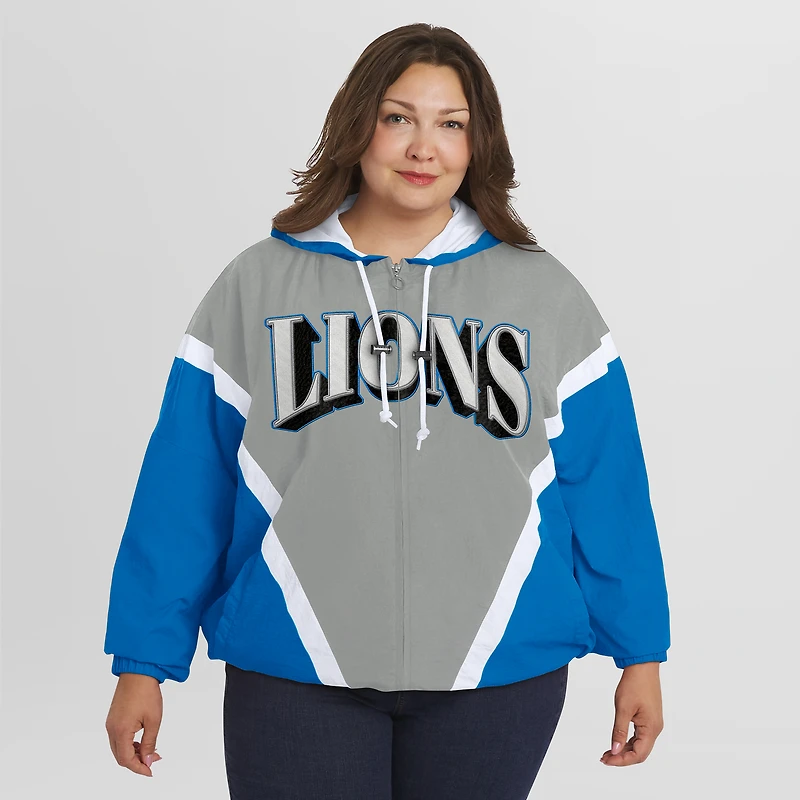 Veste coupe-vent à capuche entièrement zippée et froissée rétro grande taille pour femme WEAR by Erin Andrews bleu/gris des Detroit Lions