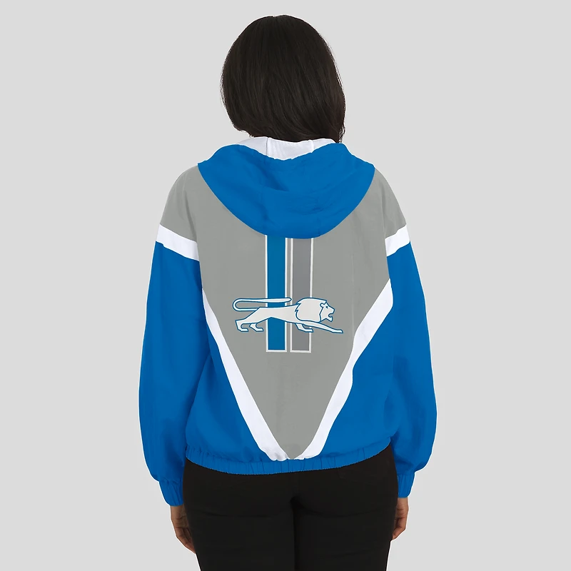 Women's WEAR by Erin Andrews Blue/Silver Detroit Lions Retro Crinkle Full-Zip Hoodie Windbreaker