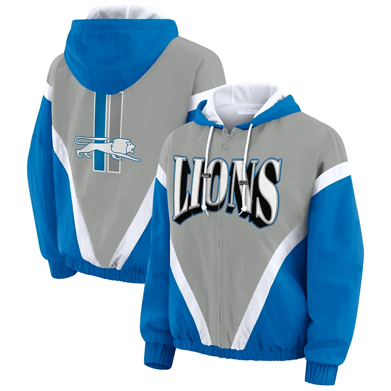 Coupe-vent à capuche entièrement zippé et froissé bleu/argenté pour femme WEAR by Erin Andrews des Lions de Detroit