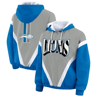 Coupe-vent à capuche entièrement zippé et froissé bleu/argenté pour femme WEAR by Erin Andrews des Lions de Detroit
