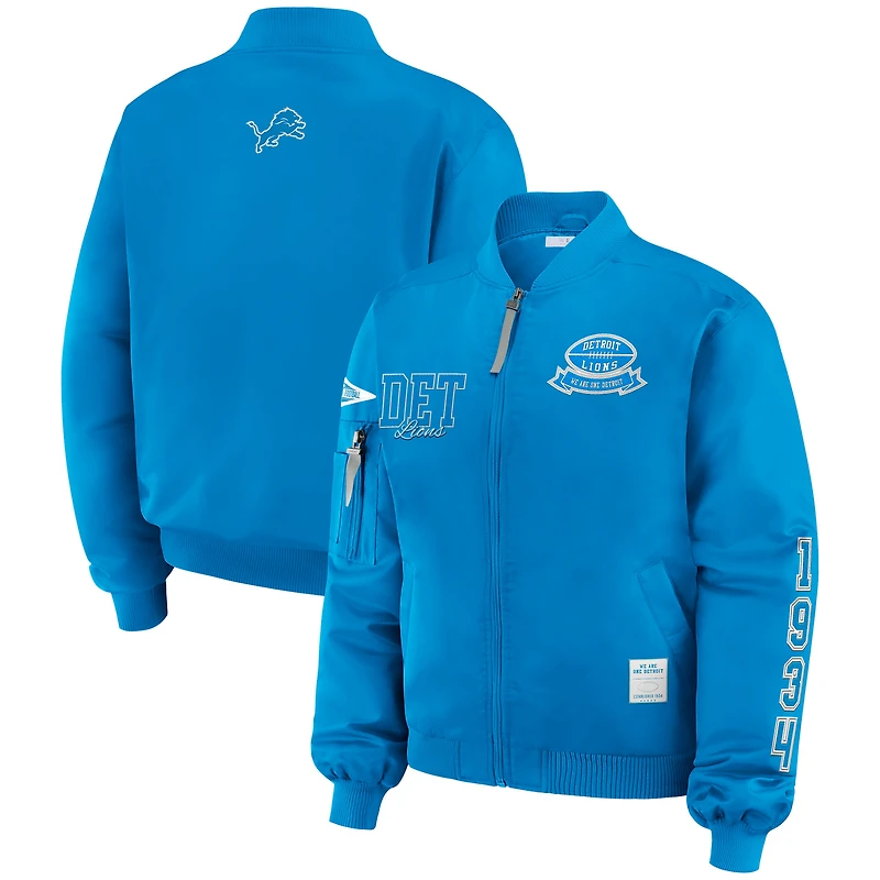 Women's WEAR by Erin Andrews Blue Detroit Lions Patch Full-Zip Bomber Jacket