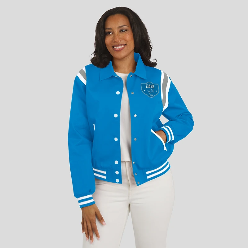 Women's WEAR by Erin Andrews Blue Detroit Lions Varsity Lightweight Full-Snap Jacket