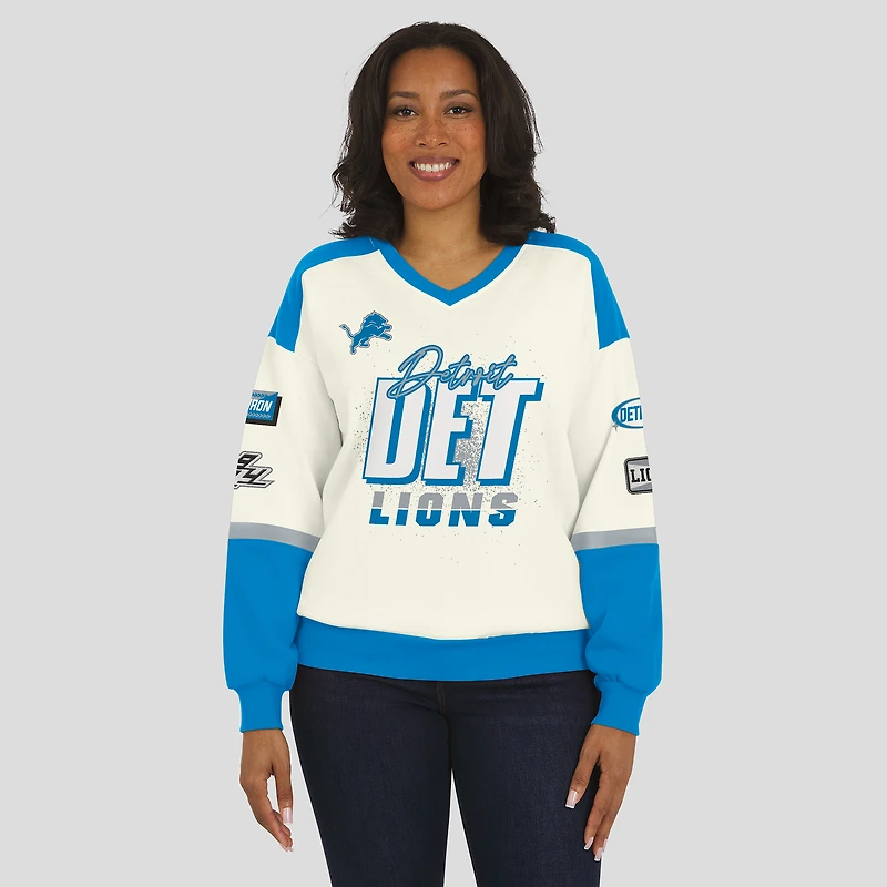 Women's WEAR by Erin Andrews  Cream Detroit Lions Racing Crew V-Neck Sweatshirt