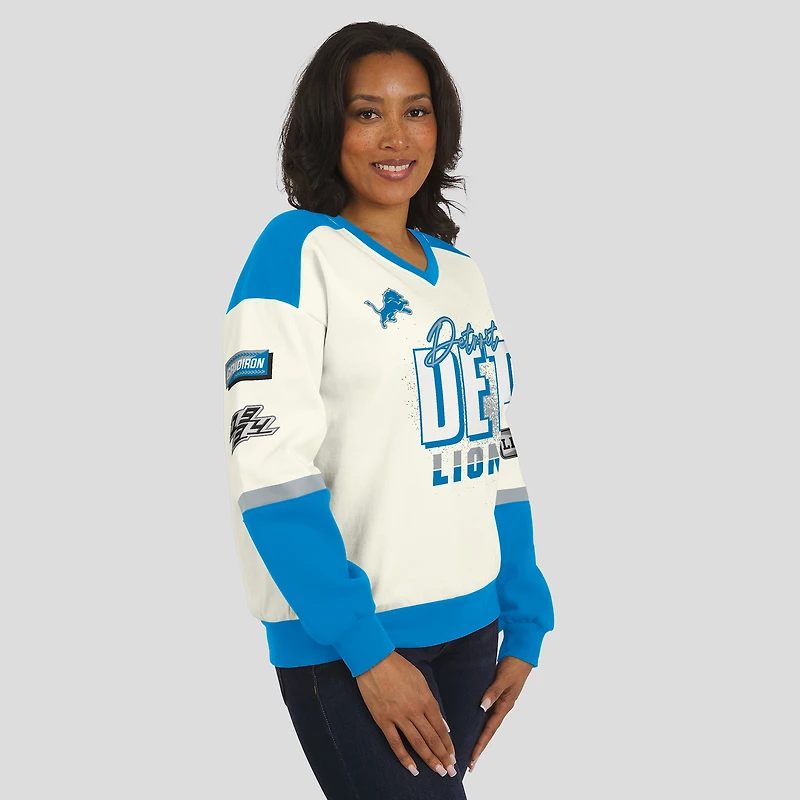 Women's WEAR by Erin Andrews  Cream Detroit Lions Racing Crew V-Neck Sweatshirt