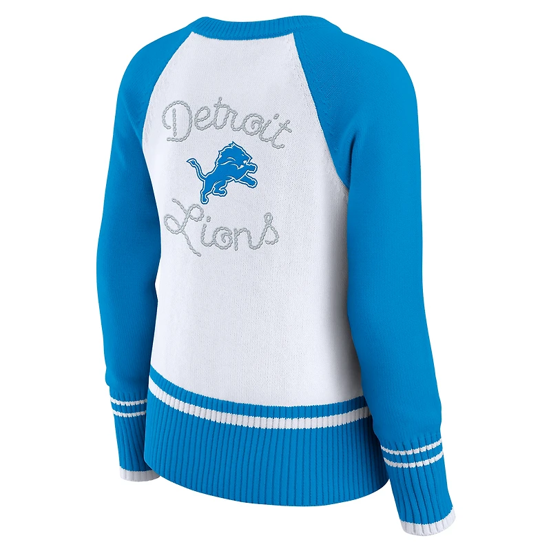 Women's WEAR by Erin Andrews White/Blue Detroit Lions Colorblock Raglan Sweater