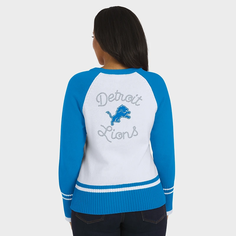 Women's WEAR by Erin Andrews White/Blue Detroit Lions Colorblock Raglan Sweater