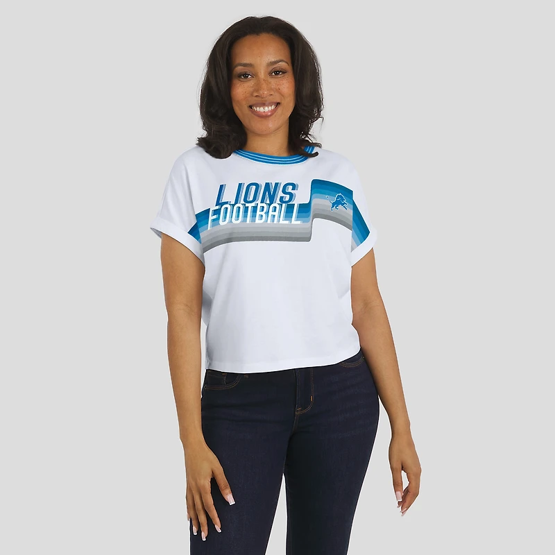 T-shirt court à rayures centrales blanc pour femme WEAR by Erin Andrews, motif Dolman des Lions de Detroit