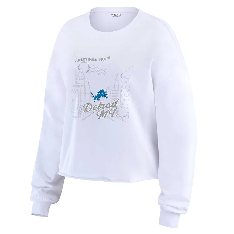 Women's WEAR by Erin Andrews White Detroit Lions Postcard Cropped Long Sleeve Top