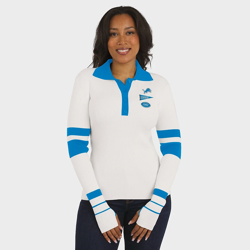 Pull polo côtelé Henley blanc des Lions de Detroit pour femmes par Erin Andrews