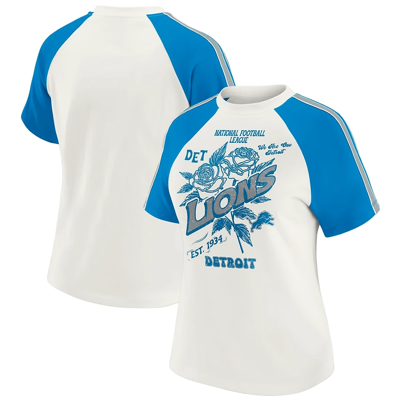 Women's WEAR by Erin Andrews White Detroit Lions Sleeve Stripe Distressed Raglan T-Shirt