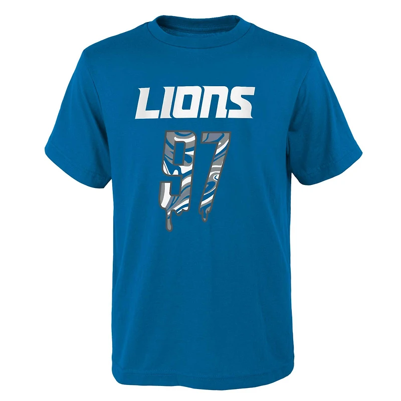 T-shirt bleu avec nom et numéro de joueur Mainliner Drip des Lions Detroit pour les jeunes Aidan Hutchinson