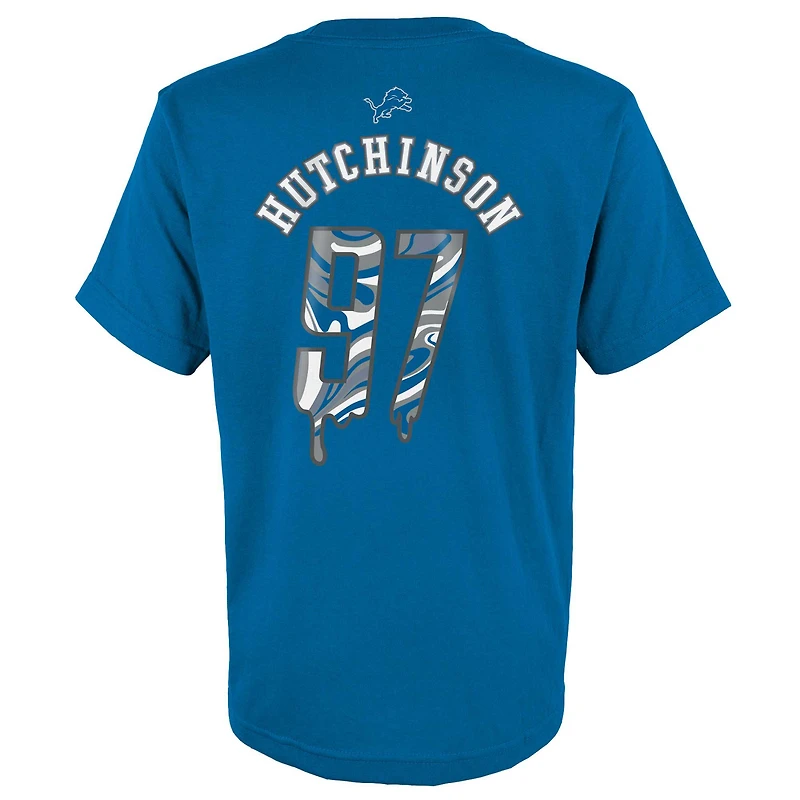 T-shirt bleu avec nom et numéro de joueur Mainliner Drip des Lions Detroit pour les jeunes Aidan Hutchinson