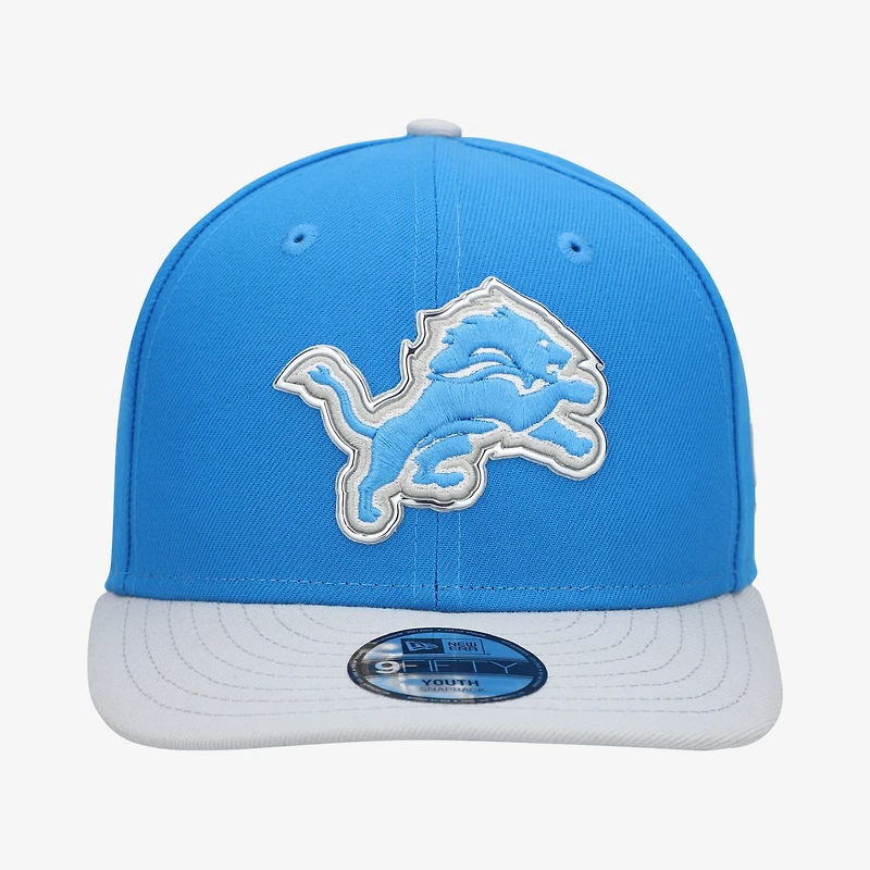 Casquette snapback New Era bleue/argentée Detroit Lions 2026 NFL Draft pré-courbée pour jeunes