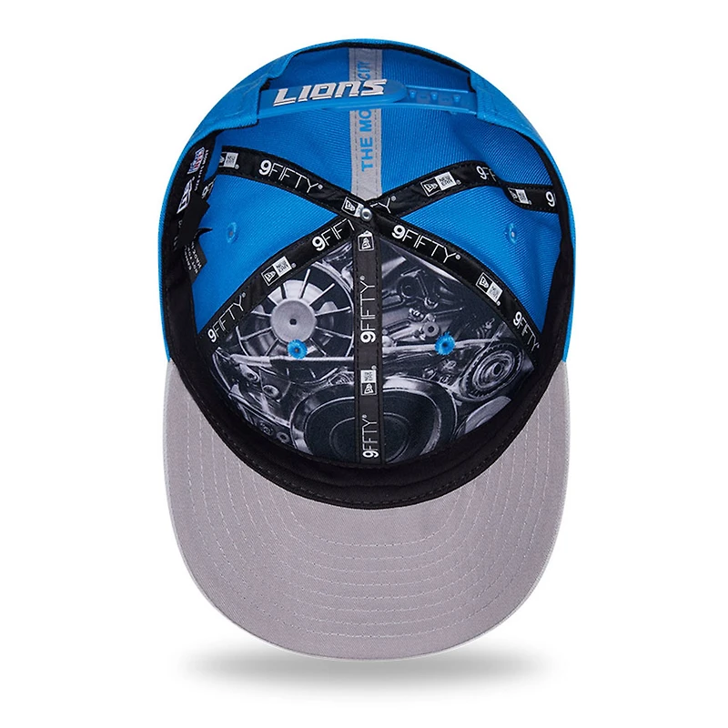 Casquette snapback New Era bleue/argentée Detroit Lions 2026 NFL Draft pré-courbée pour jeunes