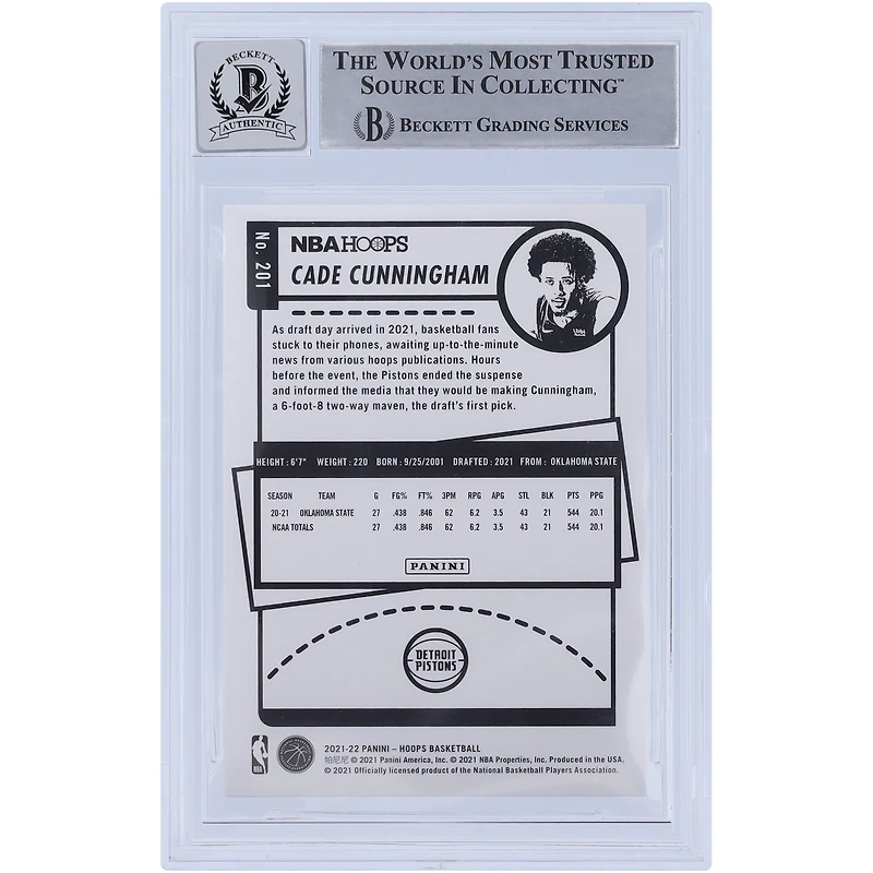 Cade Cunningham Detroit Pistons Autographed 2021-22 Panini NBA Hoops #201 Beckett Fanatics Witnessed Authenticated 10 Rookie Card