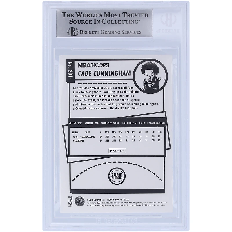 Cade Cunningham Detroit Pistons Autographed 2021-22 Panini NBA Hoops #201 Beckett Fanatics Witnessed Authenticated Rookie Card with "2021 #1 Pick" Inscription