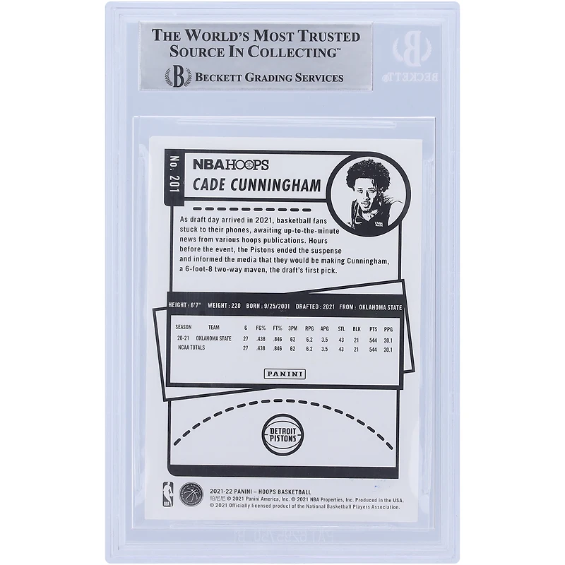 Cade Cunningham Detroit Pistons Autographed 2021-22 Panini NBA Hoops #201 Beckett Fanatics Witnessed Authenticated Rookie Card
