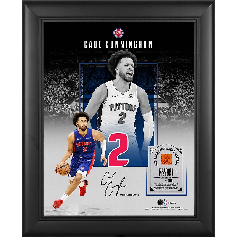 Collage encadré 11" x 14" avec la signature fac-similé de Cade Cunningham (Detroit Pistons) et un morceau de ballon de basket utilisé en match - Édition limitée à 250 exemplaires