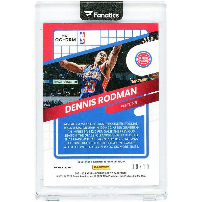 Carte autographiée de Dennis Rodman (Detroit Pistons) 2021-22 Panini Donruss Optic Gold Prizm Opti-Graphs #OG-DRM #10/10