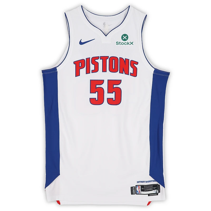Maillot blanc Nike n° 55 porté par Duncan Robinson (Detroit Pistons) lors des matchs contre les Milwaukee Bucks le 8 avril et contre les Indiana Pacers le 12 avril 2026 - Taille 50+4