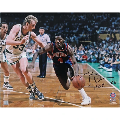 Joe Dumars Detroit Pistons Autographed 16" x 20" Dribbling vs. Larry Bird Photograph with "HOF 06" Inscription