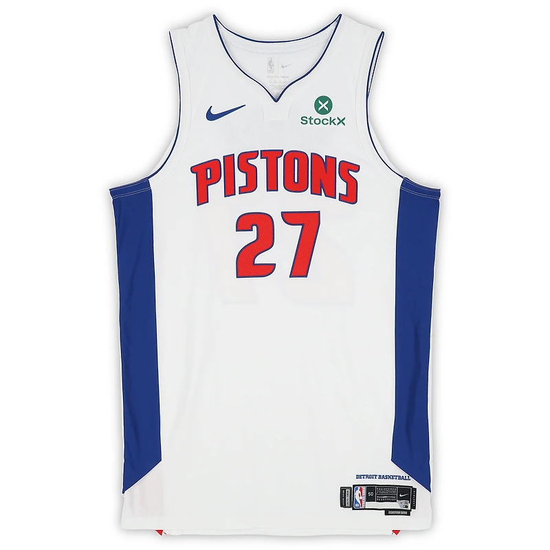 Maillot blanc Nike porté par Kevin Huerter (Detroit Pistons) n° 27 contre les Indiana Pacers le 12 avril 2026 - Taille 50+4
