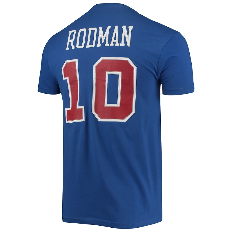 Men's Mitchell & Ness Dennis Rodman Blue Detroit Pistons Hardwood Classics Stitch Name Number T-Shirt