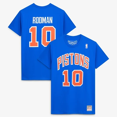 Men's Mitchell & Ness Dennis Rodman Blue Detroit Pistons Hardwood Classics Stitch Name Number T-Shirt