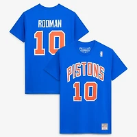Men's Mitchell & Ness Dennis Rodman Blue Detroit Pistons Hardwood Classics Stitch Name Number T-Shirt