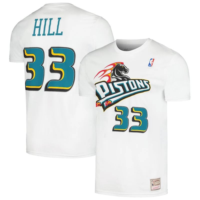 Men's Mitchell & Ness Grant Hill White Detroit Pistons Hardwood Classics Stitch Name Number T-Shirt